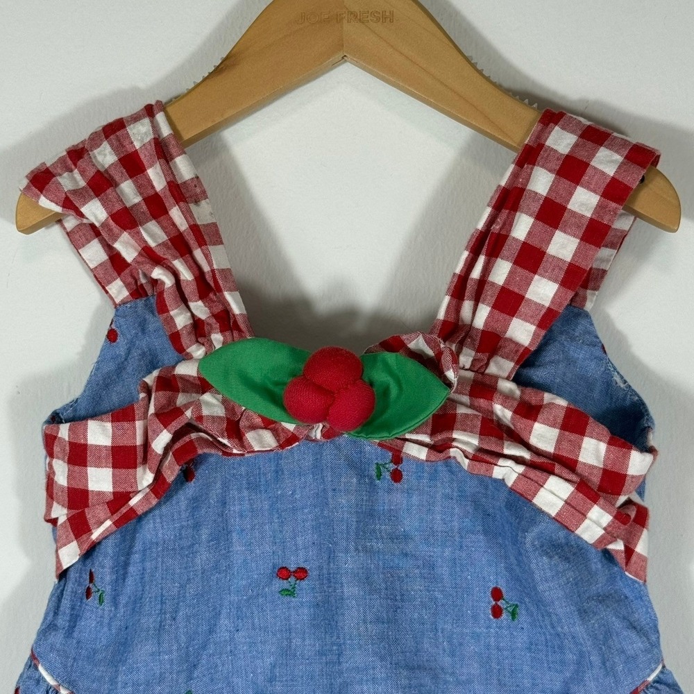 Vintage Cherry Embroidered Chambray Bubble Romper Gingham Bow Toddler 3 832529 - Picture 2 of 12